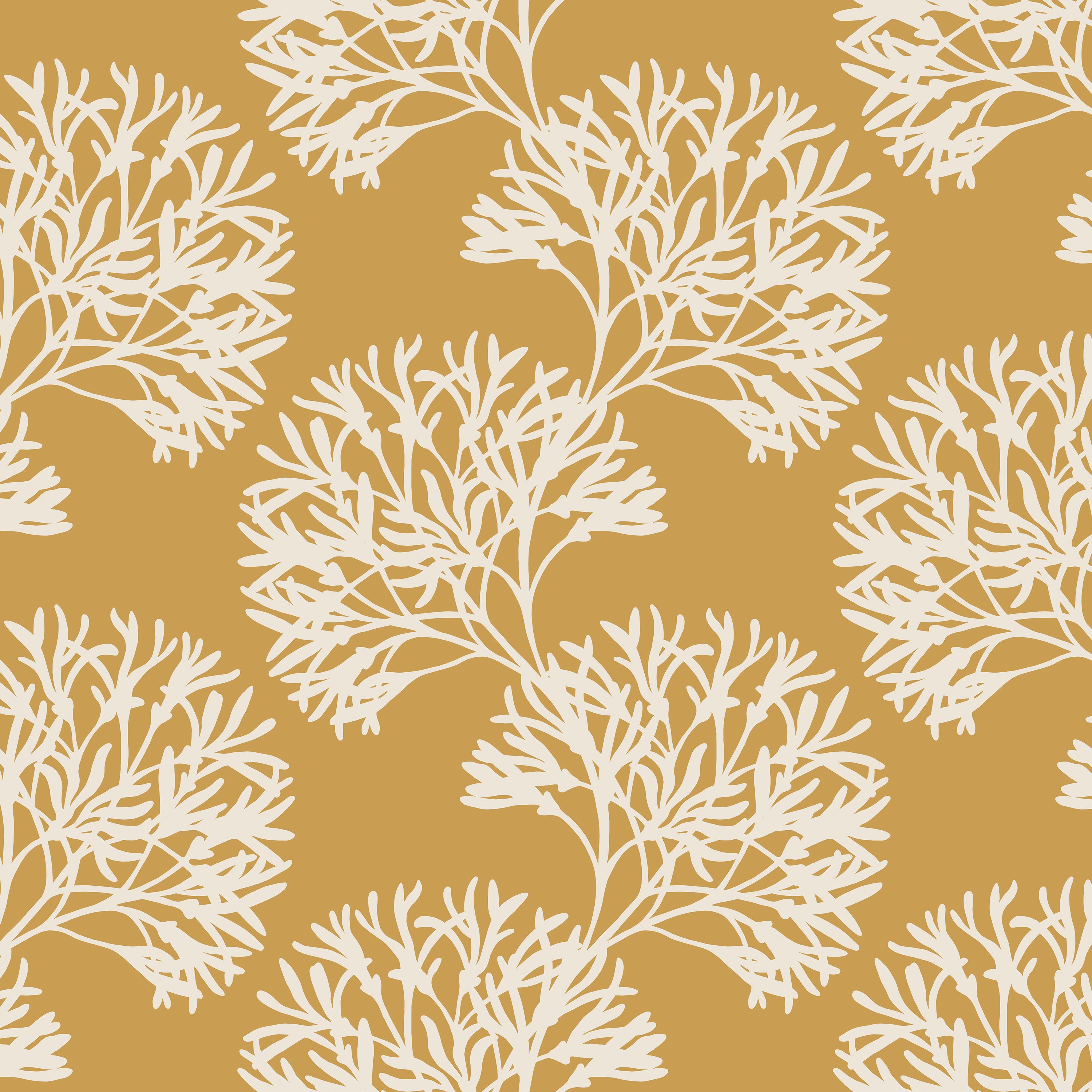 White leaf pattern on a mustard yellow background